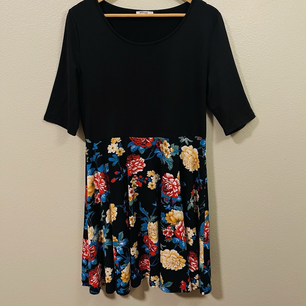 Meaneor Floral Fit & Flare Dress Color Block Elbow Sleeves Boho‎ Cottage Size XL